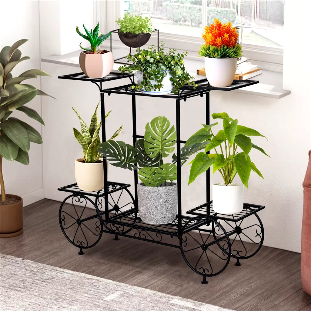 Large Metal Garden Cart Plant Stand Parisian Style Flower Display Rack Holder for Indoor Outdoor