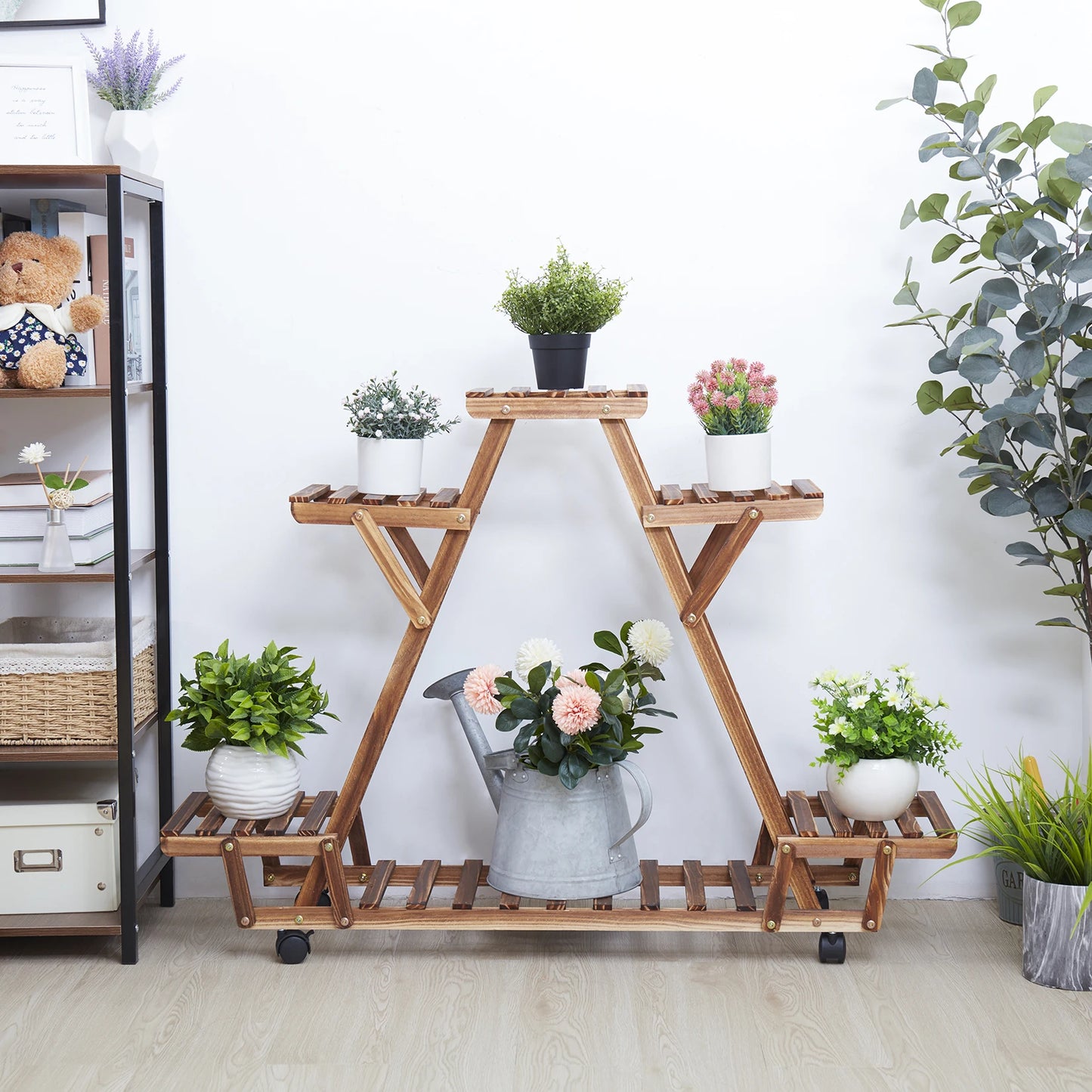 Triangular Plant Shelf 6 Potted Carbonized Wood Plant Holder Flower Pot Stand Display Storage Rack with Wheels for Garden