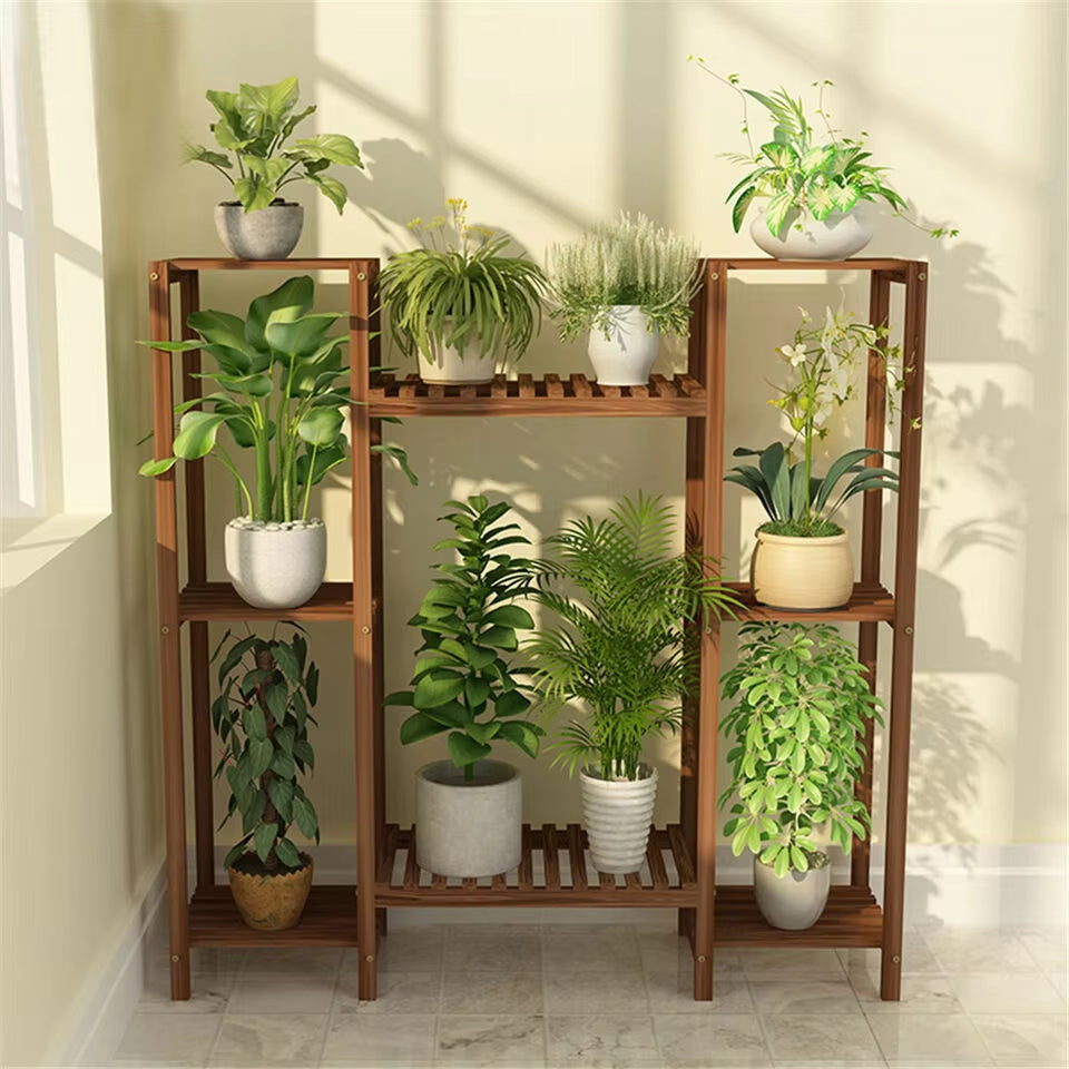 Multi-Tier Stylish Bamboo Plant Stand Indoor Outdoor 10 Pot Bonsai Flower Display Shelf Holder Rack