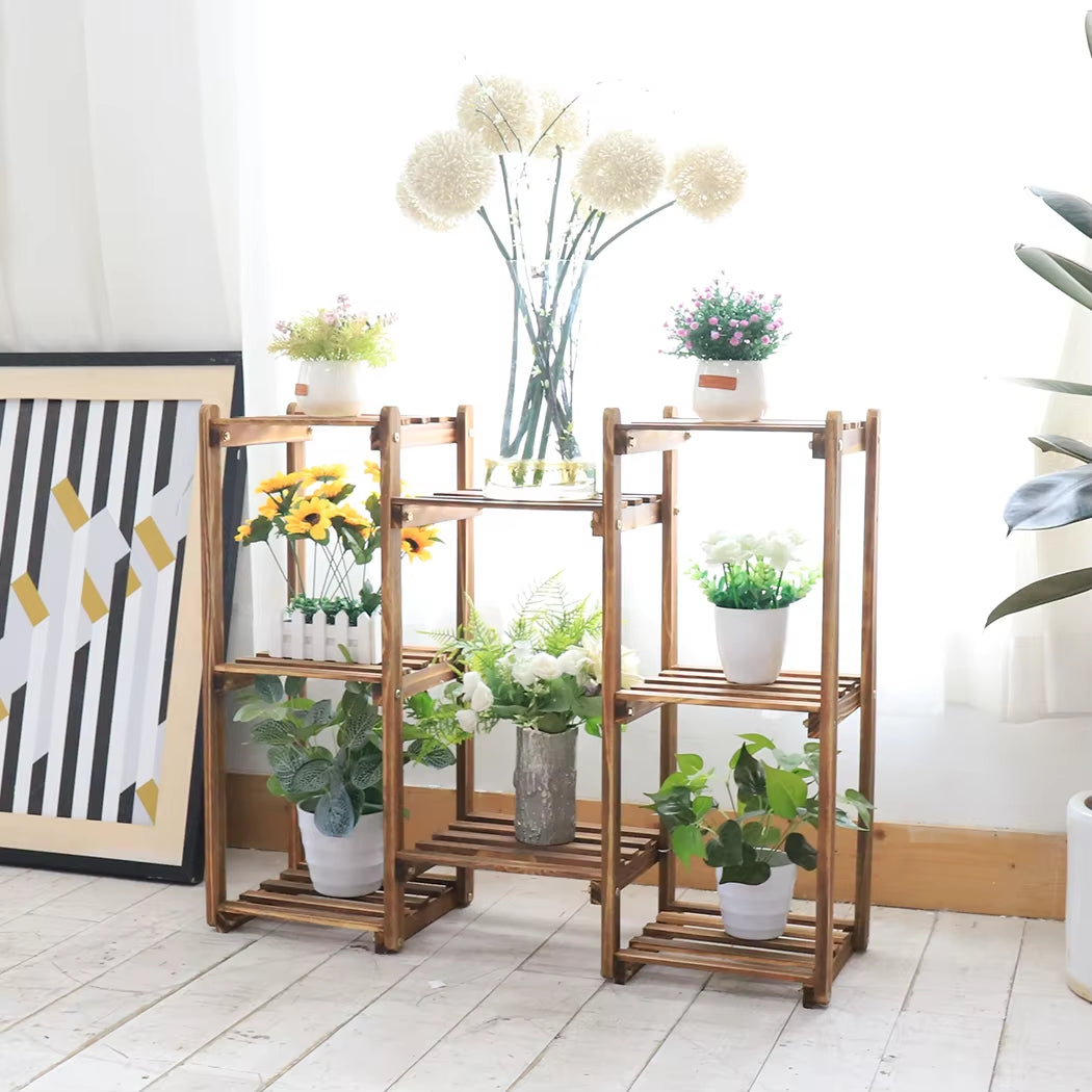 Multi-Tier Stylish Bamboo Plant Stand Indoor Outdoor 10 Pot Bonsai Flower Display Shelf Holder Rack