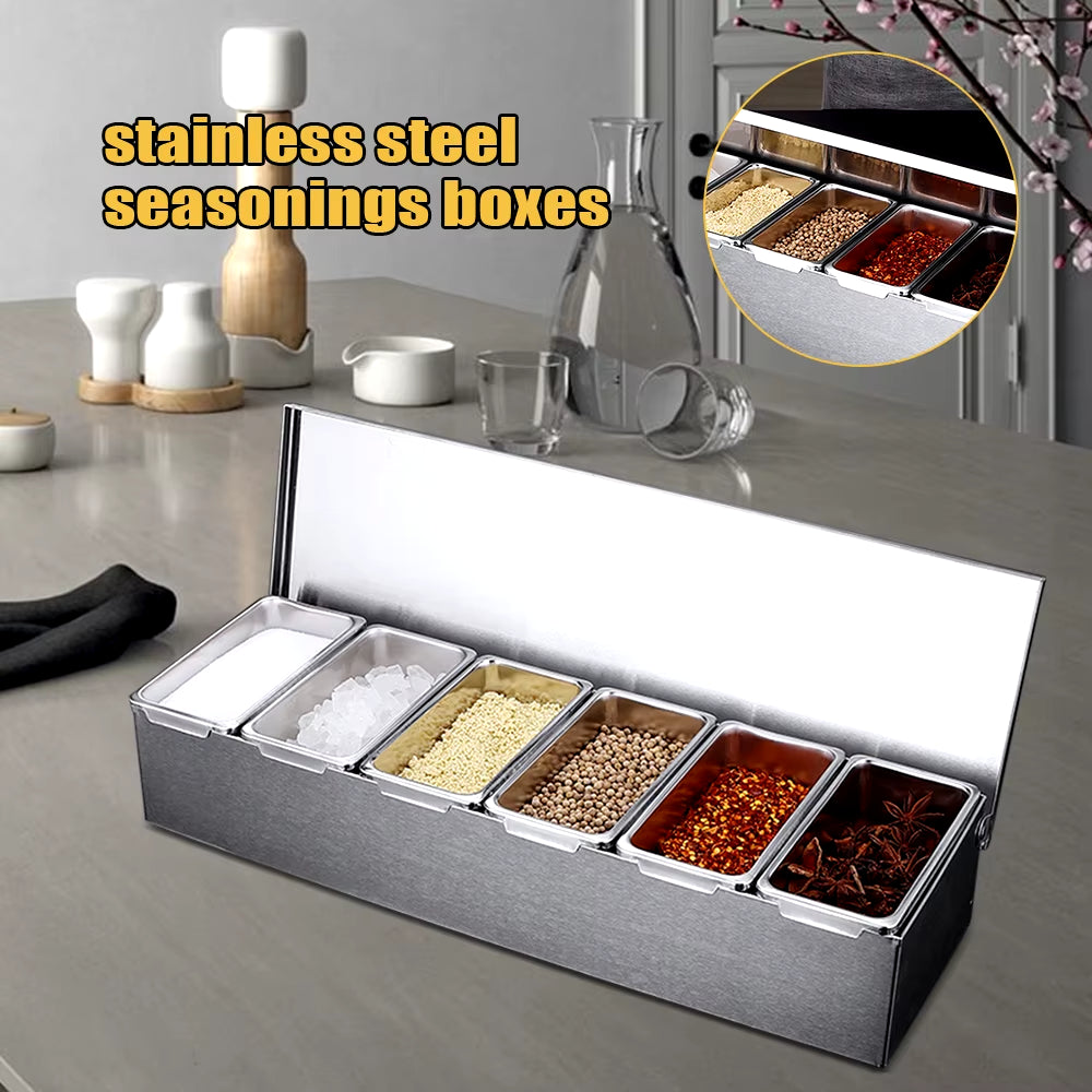 6-Grid Seasonings Boxes Stainless Steel Spice Container Ingredient Container Set with Lid for Kitchen Home