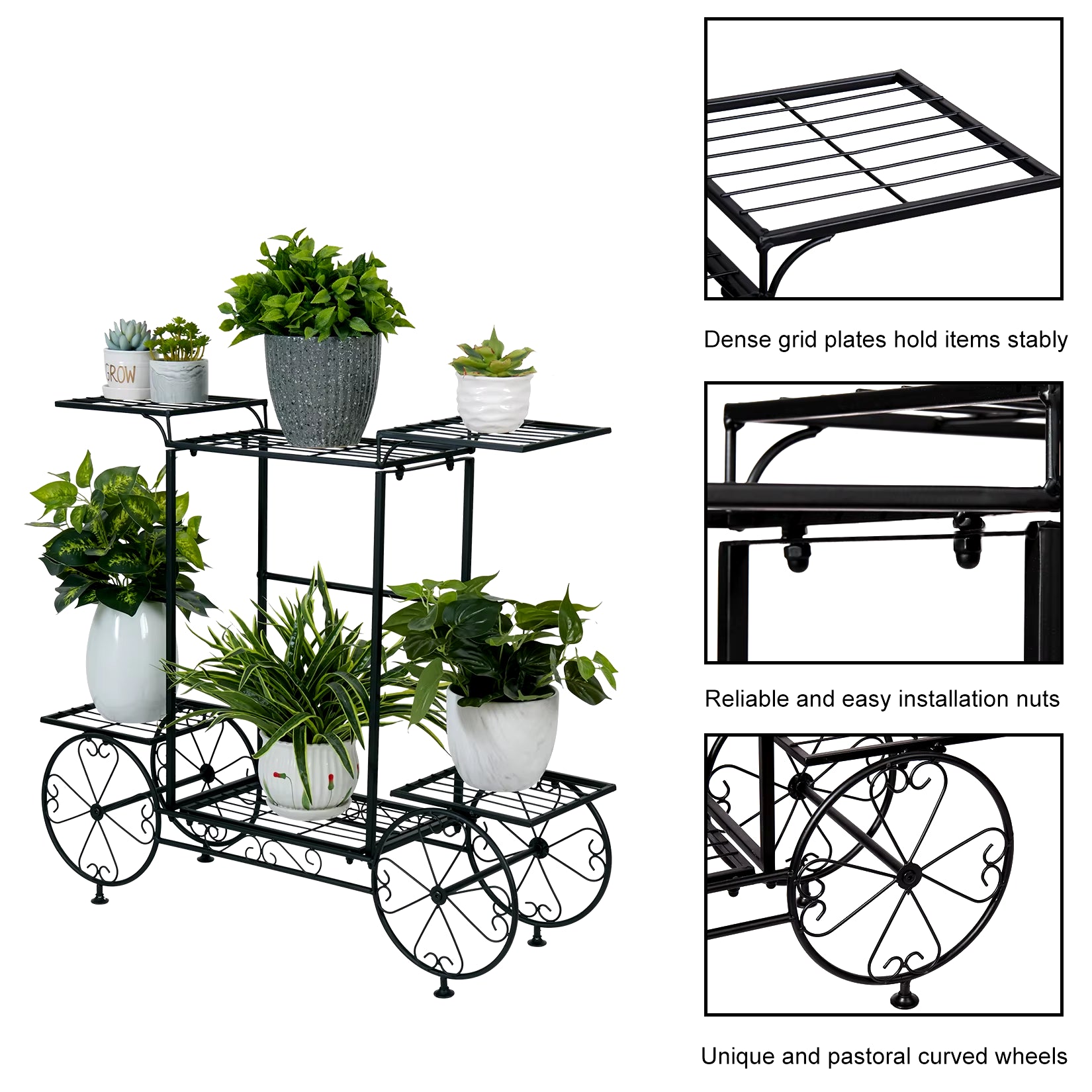 Large Metal Garden Cart Plant Stand Parisian Style Flower Display Rack Holder for Indoor Outdoor