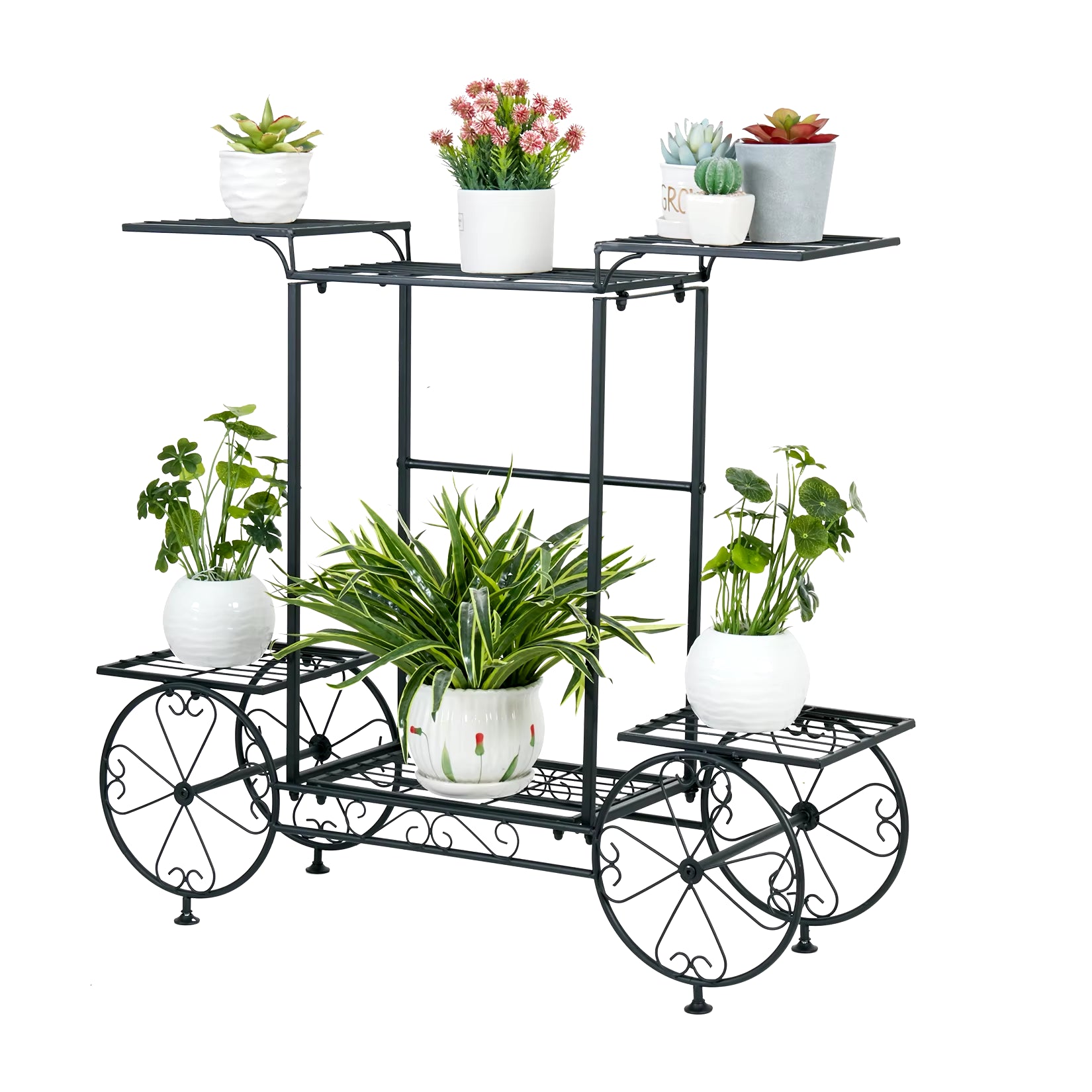 Large Metal Garden Cart Plant Stand Parisian Style Flower Display Rack Holder for Indoor Outdoor